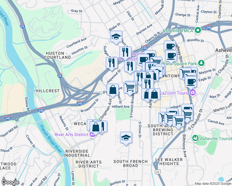 map of restaurants, bars, coffee shops, grocery stores, and more near 343 Hilliard Avenue in Asheville