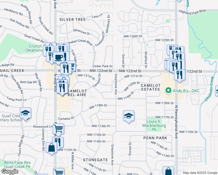 map of restaurants, bars, coffee shops, grocery stores, and more near 2524 Northwest 120th Street in Oklahoma City