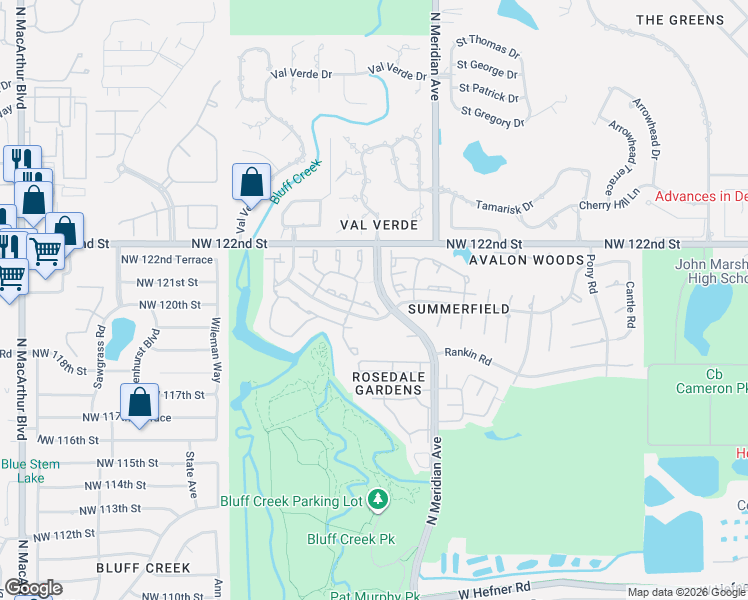map of restaurants, bars, coffee shops, grocery stores, and more near 4501 Dove Tree Lane in Oklahoma City