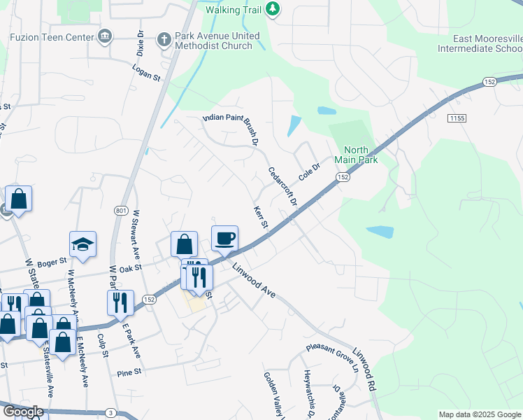 map of restaurants, bars, coffee shops, grocery stores, and more near 151 Kerr Street in Mooresville