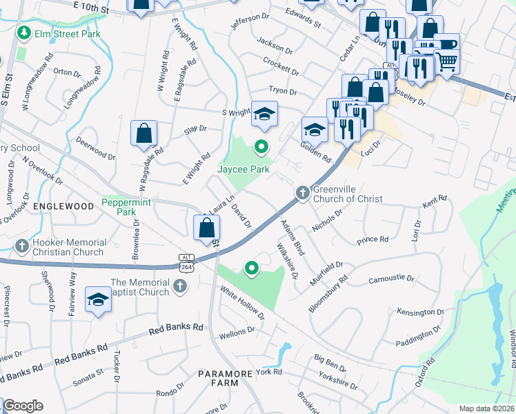 map of restaurants, bars, coffee shops, grocery stores, and more near 3030 Adams Boulevard in Greenville