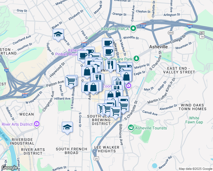 map of restaurants, bars, coffee shops, grocery stores, and more near 5 Ravenscroft Drive in Asheville