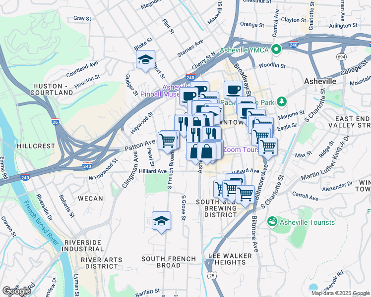 map of restaurants, bars, coffee shops, grocery stores, and more near 35 Grove Street in Asheville