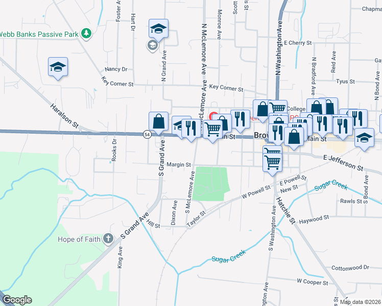 map of restaurants, bars, coffee shops, grocery stores, and more near 508 West Main Street in Brownsville