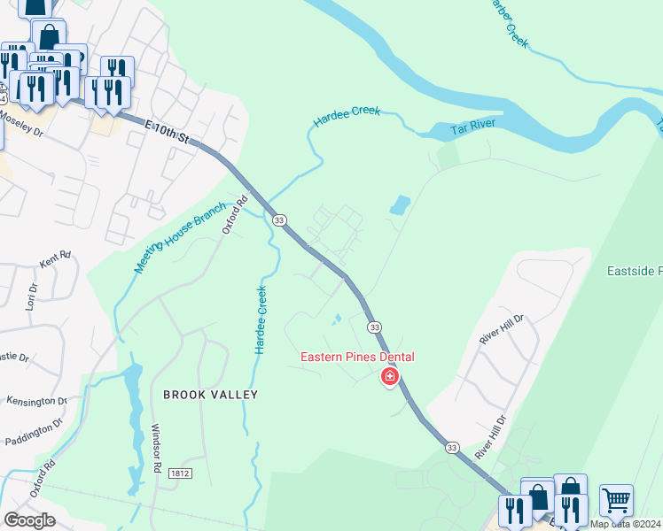 map of restaurants, bars, coffee shops, grocery stores, and more near 3645 East 10th Street in Greenville