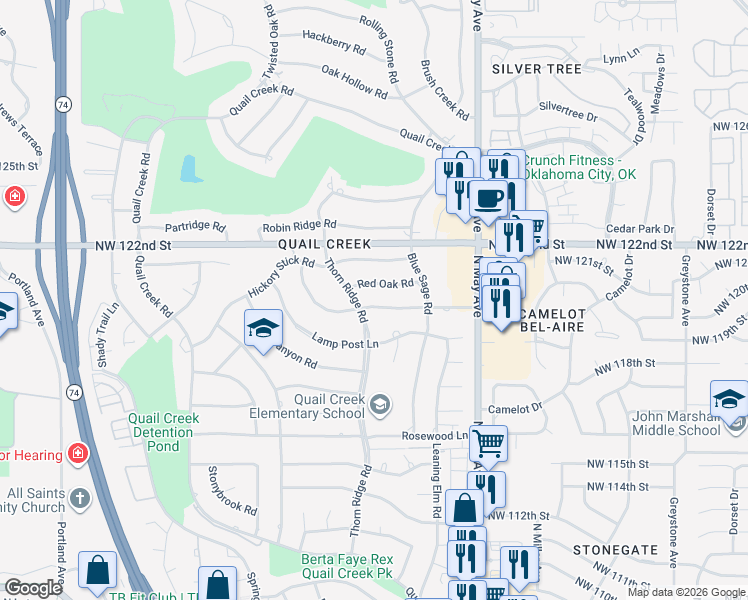 map of restaurants, bars, coffee shops, grocery stores, and more near 3101 Red Oak Road in Oklahoma City