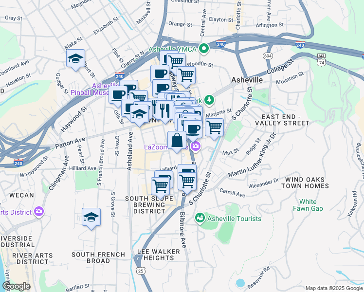 map of restaurants, bars, coffee shops, grocery stores, and more near 56 South Lexington Avenue in Asheville