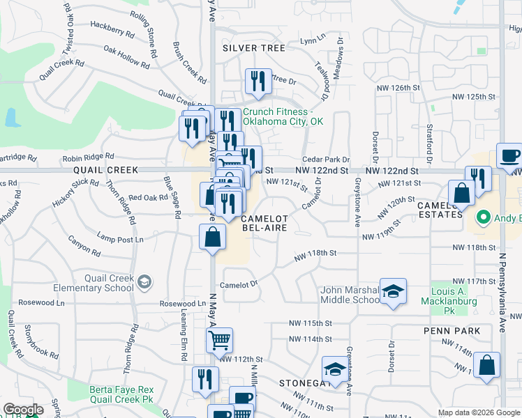 map of restaurants, bars, coffee shops, grocery stores, and more near 12129 Camelot Place in Oklahoma City