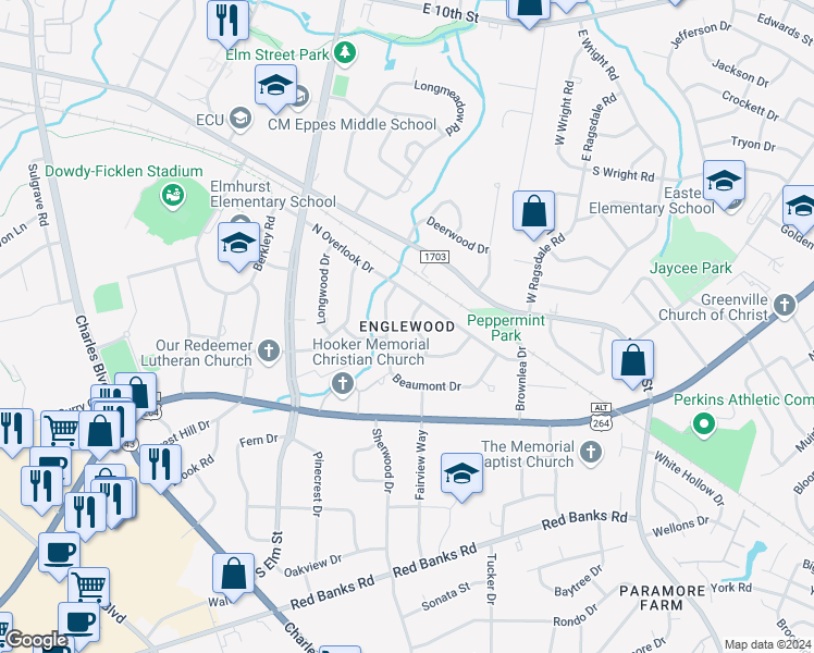 map of restaurants, bars, coffee shops, grocery stores, and more near 1600-1602 Beaumont Drive in Greenville