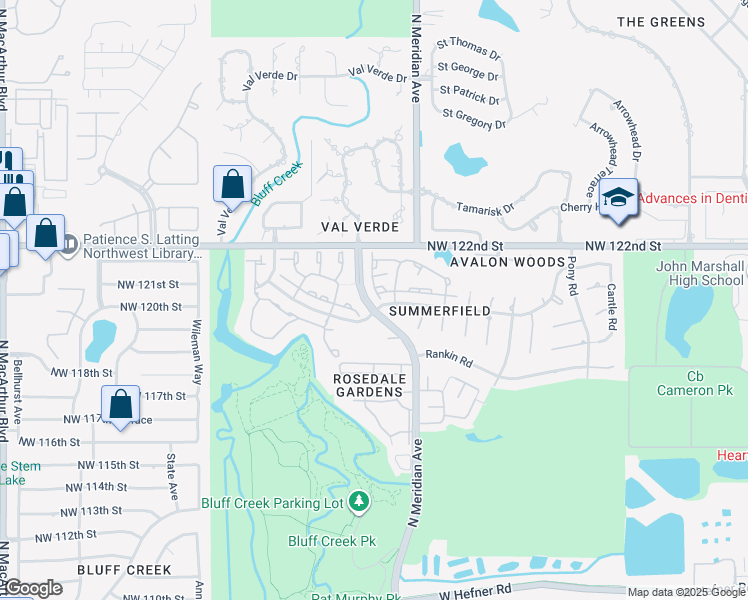 map of restaurants, bars, coffee shops, grocery stores, and more near 12125 Foxglove Court in Oklahoma City