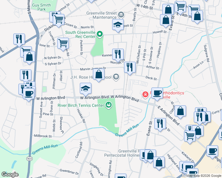 map of restaurants, bars, coffee shops, grocery stores, and more near 600 West Arlington Boulevard in Greenville