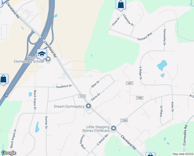 map of restaurants, bars, coffee shops, grocery stores, and more near 11646 Cleveland Road in Garner