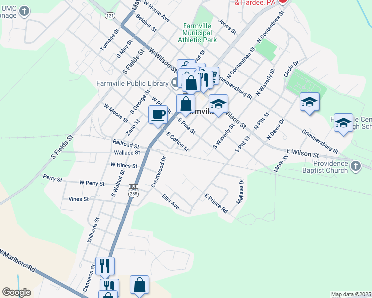 map of restaurants, bars, coffee shops, grocery stores, and more near 3458 South Green Street in Farmville
