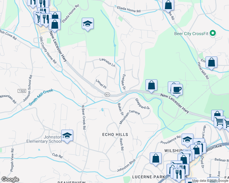 map of restaurants, bars, coffee shops, grocery stores, and more near 3 King Arthur Place in Asheville