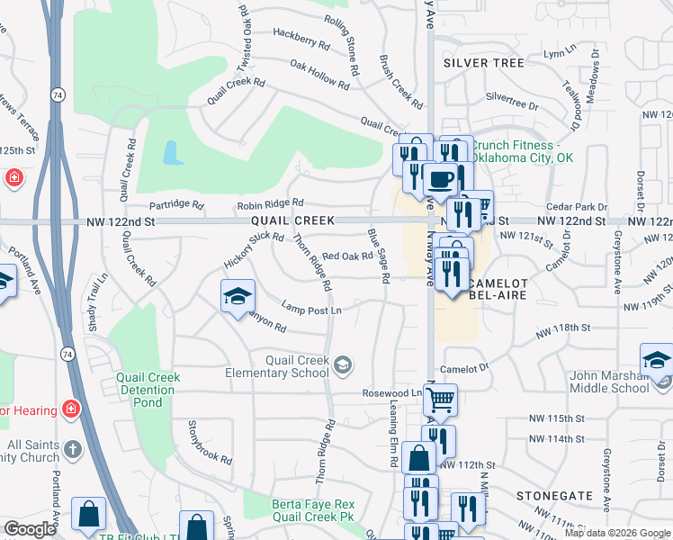 map of restaurants, bars, coffee shops, grocery stores, and more near 3101 Red Oak Road in Oklahoma City