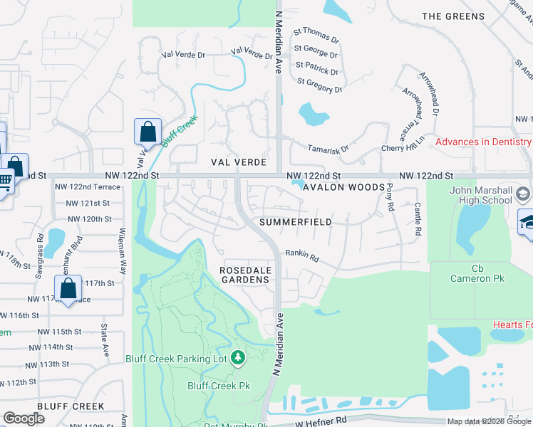 map of restaurants, bars, coffee shops, grocery stores, and more near 12124 Dahoon Drive in Oklahoma City