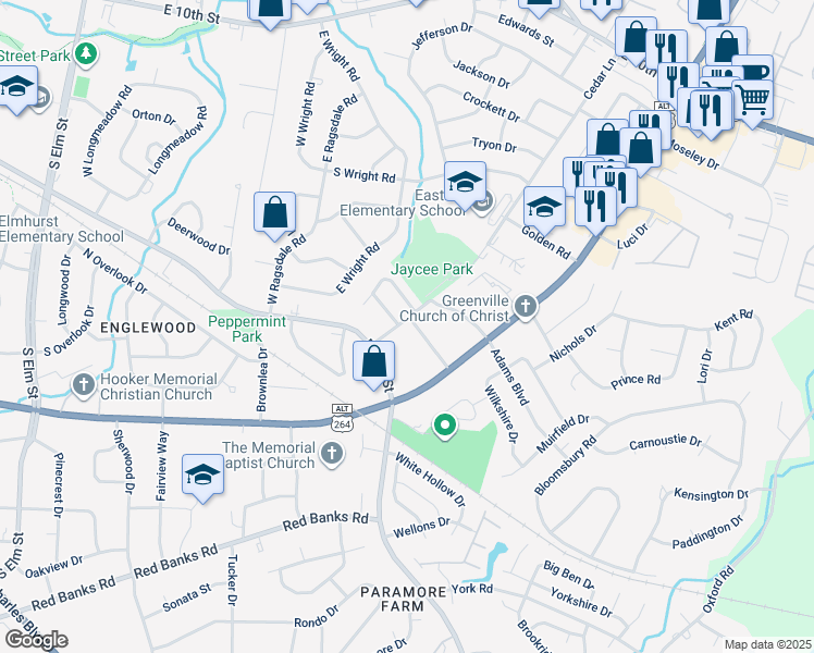 map of restaurants, bars, coffee shops, grocery stores, and more near 100 David Drive in Greenville