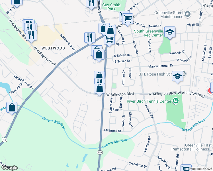 map of restaurants, bars, coffee shops, grocery stores, and more near 2529 South Memorial Drive in Greenville