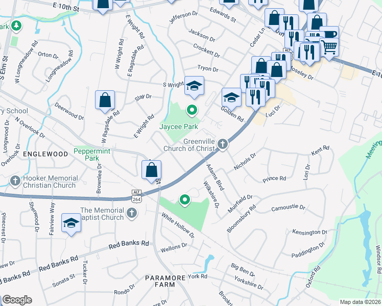 map of restaurants, bars, coffee shops, grocery stores, and more near 3030 Adams Boulevard in Greenville