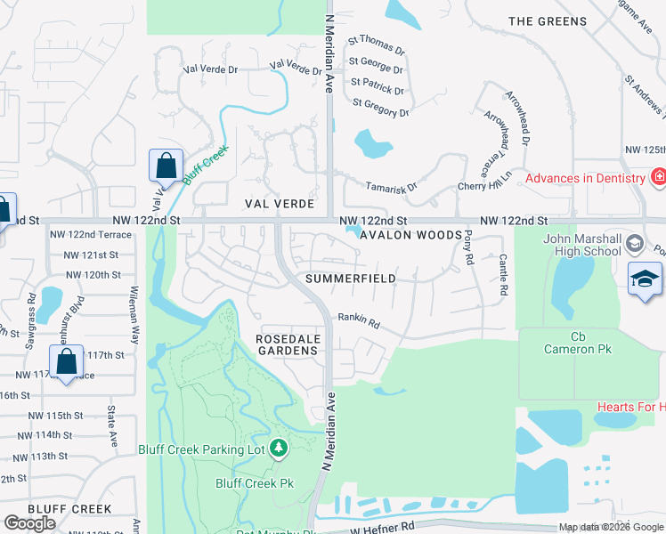 map of restaurants, bars, coffee shops, grocery stores, and more near 12124 Dahoon Drive in Oklahoma City