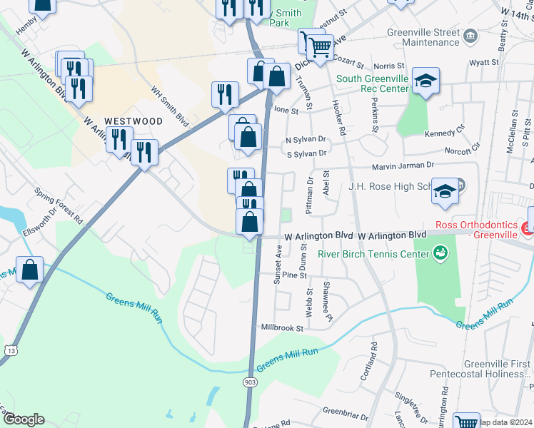 map of restaurants, bars, coffee shops, grocery stores, and more near 2529 South Memorial Drive in Greenville