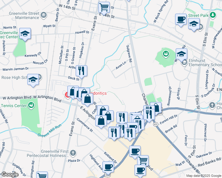 map of restaurants, bars, coffee shops, grocery stores, and more near 133 Stratford Road in Greenville