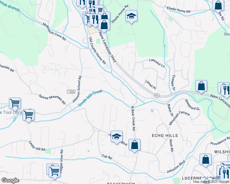 map of restaurants, bars, coffee shops, grocery stores, and more near 30 Forest Ridge Drive in Asheville
