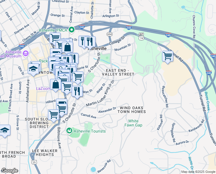 map of restaurants, bars, coffee shops, grocery stores, and more near 46 Martin Luther King Junior Drive in Asheville