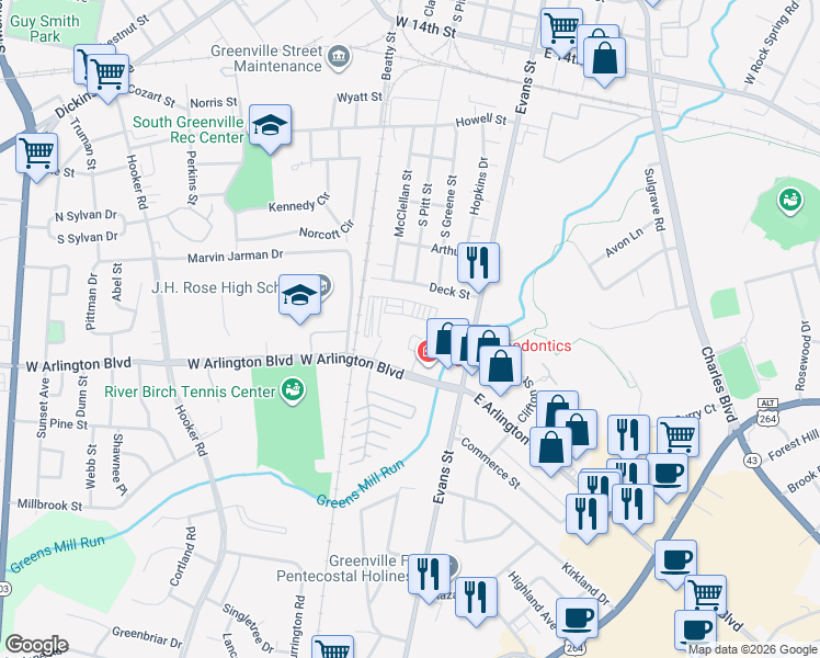 map of restaurants, bars, coffee shops, grocery stores, and more near 408 West Arlington Boulevard in Greenville