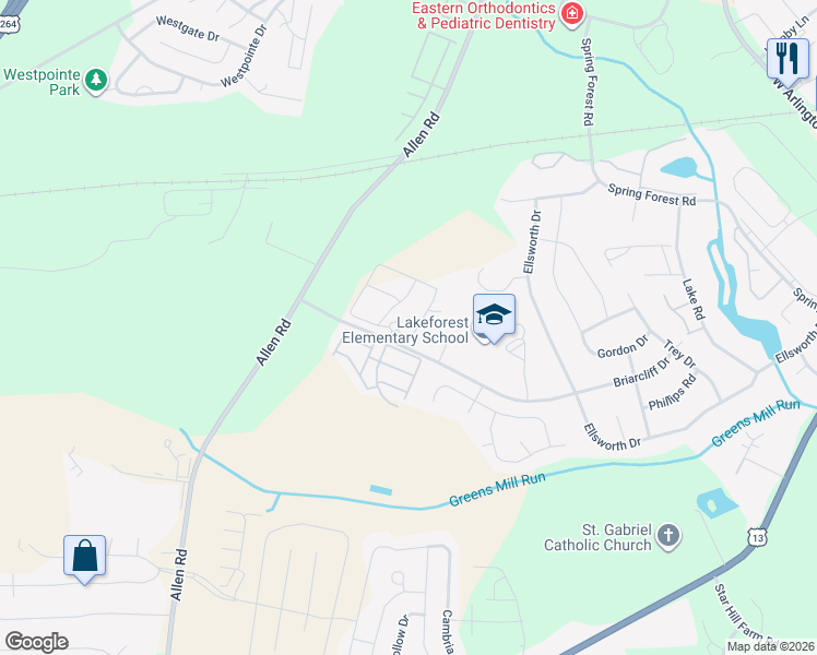 map of restaurants, bars, coffee shops, grocery stores, and more near 3404 Briarcliff Drive in Greenville