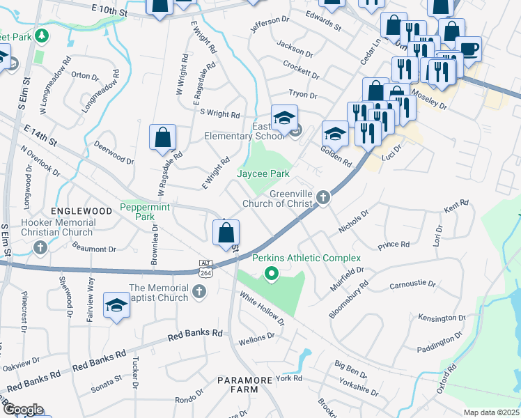 map of restaurants, bars, coffee shops, grocery stores, and more near 101 David Drive in Greenville