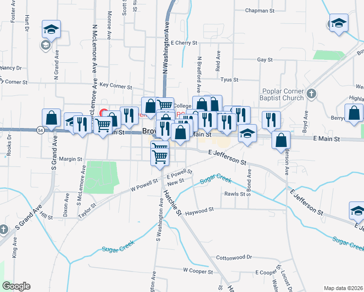 map of restaurants, bars, coffee shops, grocery stores, and more near 116 East Main Street in Brownsville
