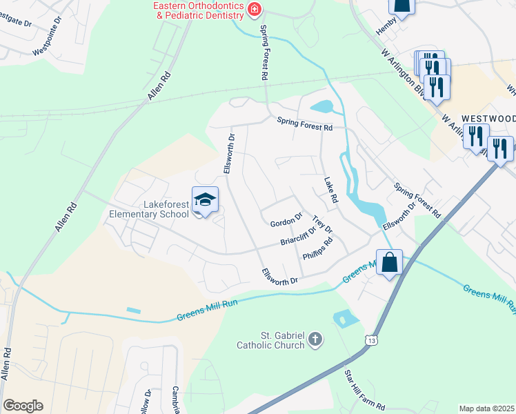 map of restaurants, bars, coffee shops, grocery stores, and more near 3202 Gordon Drive in Greenville