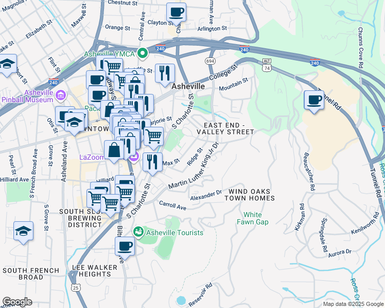 map of restaurants, bars, coffee shops, grocery stores, and more near 12 Ridge Street in Asheville