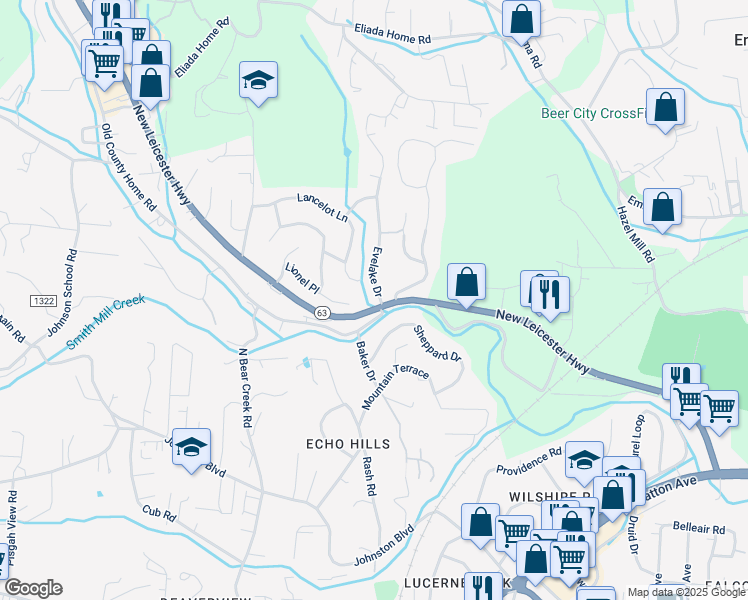 map of restaurants, bars, coffee shops, grocery stores, and more near 48 Lancelot Lane in Asheville