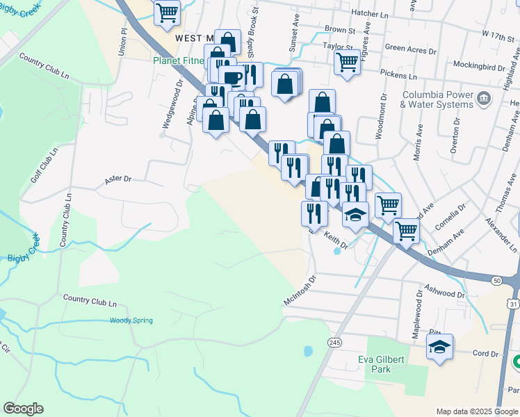 map of restaurants, bars, coffee shops, grocery stores, and more near 705 James M Campbell Boulevard South in Columbia