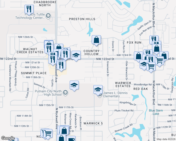 map of restaurants, bars, coffee shops, grocery stores, and more near 6701 Northwest 120th Street in Oklahoma City