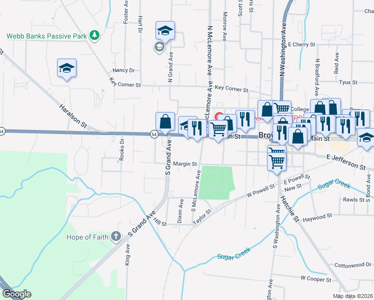 map of restaurants, bars, coffee shops, grocery stores, and more near 620 West Main Street in Brownsville