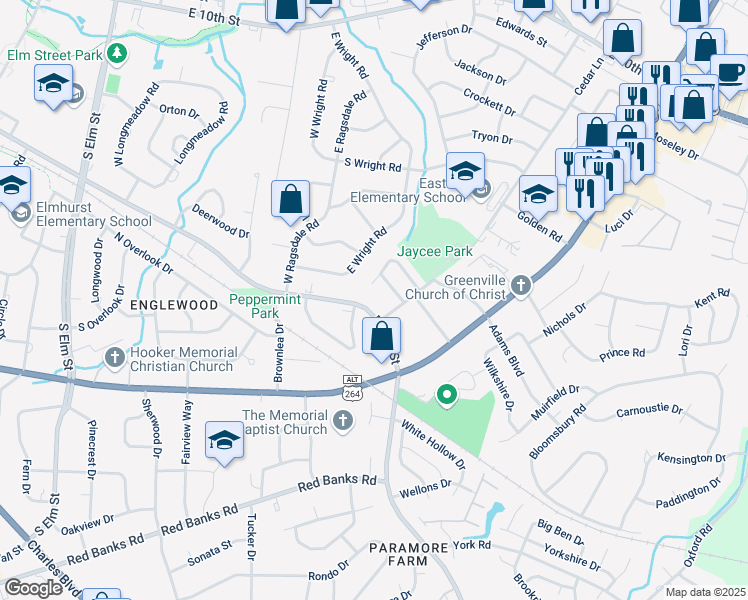 map of restaurants, bars, coffee shops, grocery stores, and more near 101 Laura Lane in Greenville