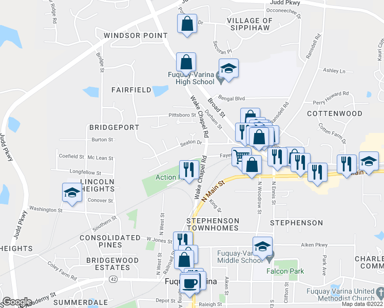 map of restaurants, bars, coffee shops, grocery stores, and more near 700 Kimpton Court in Fuquay-Varina