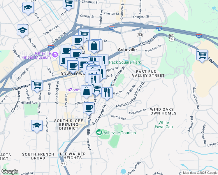 map of restaurants, bars, coffee shops, grocery stores, and more near 161 South Charlotte Street in Asheville
