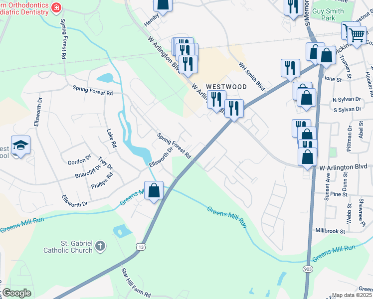 map of restaurants, bars, coffee shops, grocery stores, and more near 1071 Spring Forest Road in Greenville