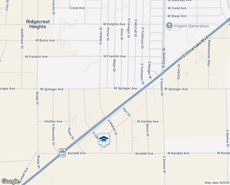map of restaurants, bars, coffee shops, grocery stores, and more near 1639 Sims Street in Ridgecrest