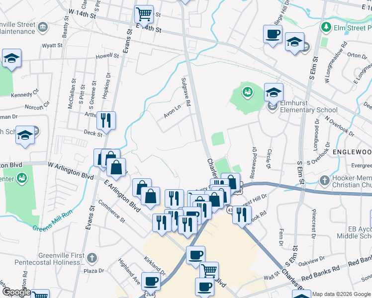 map of restaurants, bars, coffee shops, grocery stores, and more near 1812 Sulgrave Road in Greenville