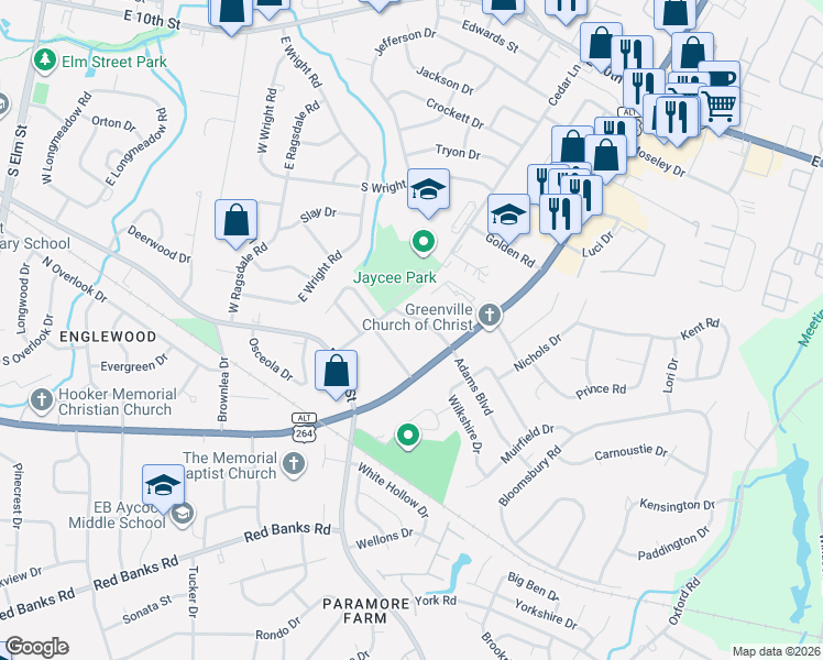 map of restaurants, bars, coffee shops, grocery stores, and more near 3005 Adams Boulevard in Greenville