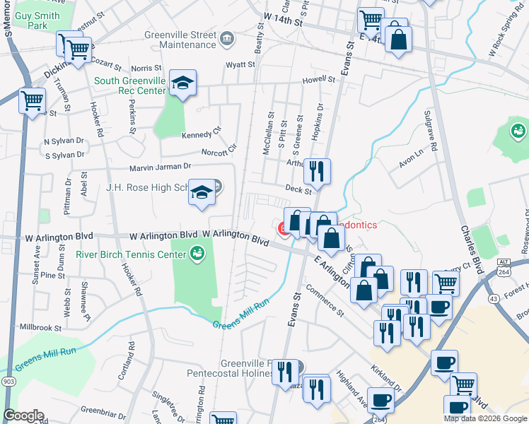 map of restaurants, bars, coffee shops, grocery stores, and more near 408 West Arlington Boulevard in Greenville