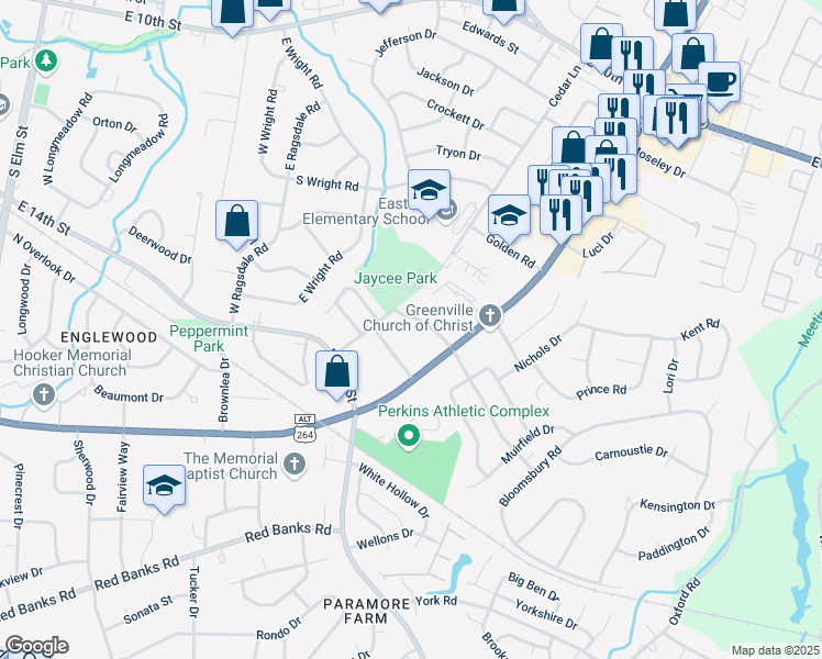 map of restaurants, bars, coffee shops, grocery stores, and more near 3005 Adams Boulevard in Greenville
