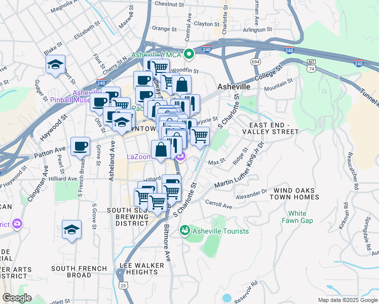 map of restaurants, bars, coffee shops, grocery stores, and more near 161 South Charlotte Street in Asheville