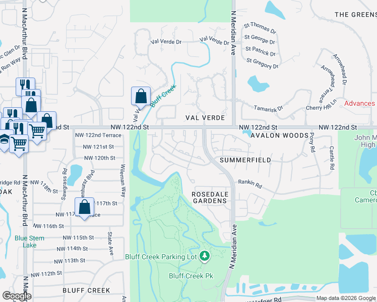map of restaurants, bars, coffee shops, grocery stores, and more near 12201 Candy tuft Lane in Oklahoma City