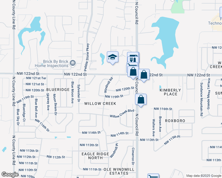 map of restaurants, bars, coffee shops, grocery stores, and more near 12115 Windmill Road in Oklahoma City